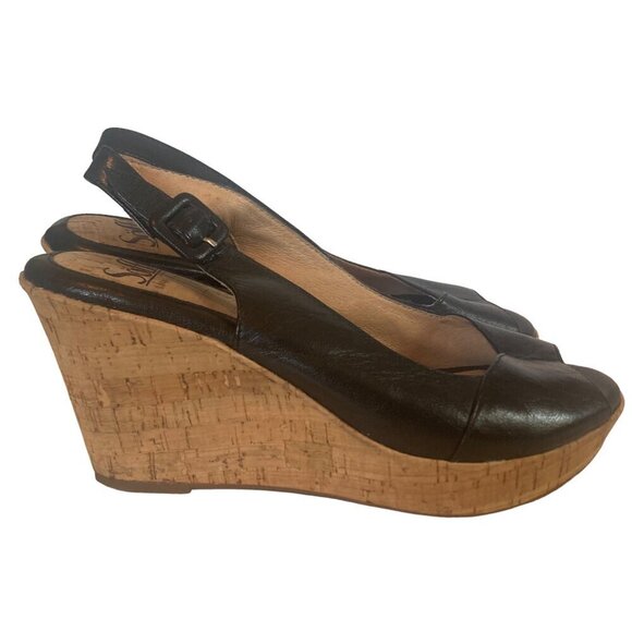 Sofft Black Leather Wedge Sandals Womens 7.5 Peep Toe Cork Heel Adjustable Strap - Picture 4 of 11